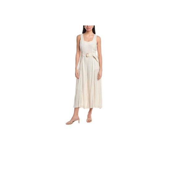 Maison Tara Beige Wide Leg Linen Bld Jumpsuit Belt Size 8 Sleeveless Striped - Picture 2 of 12